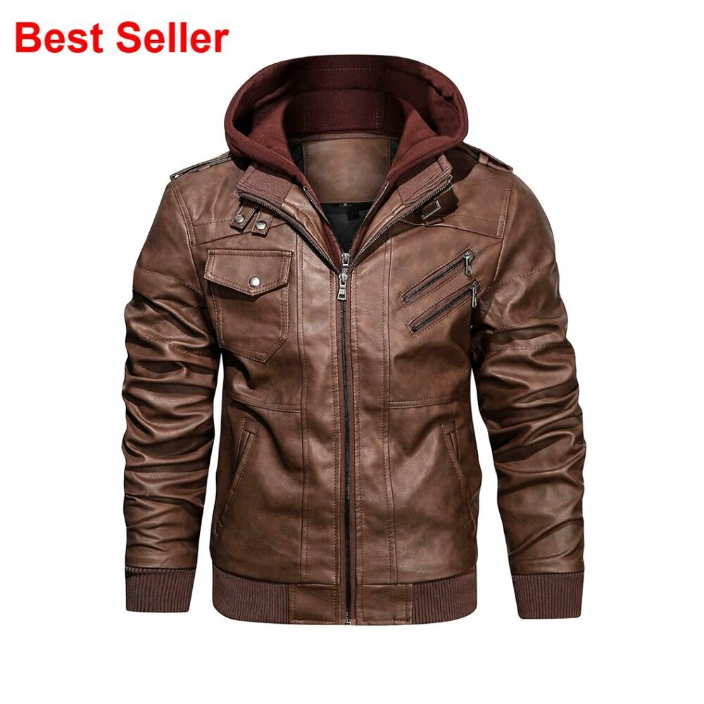 Men's Casual Stand Collar PU Faux Leather Zip-Up Motorcycle Bomber Jacket with